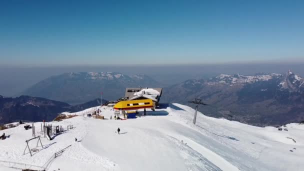 Ski Resort Frontalpstock Swiss Winter Drone View — Stockvideo