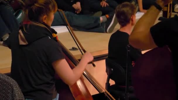 Female Bassist Concert Pit Playing Classical Double Bass Pizzicato Style — Stockvideo