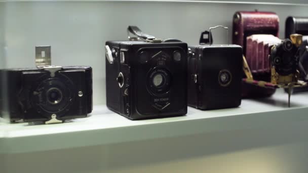 Pan Row Old Still Photography Camera Models — Vídeos de Stock