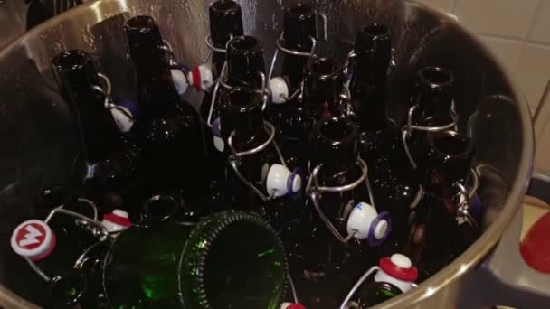 Numerous Empty Brown Beer Bottles Being Sterilized Heating Them Large — Video Stock