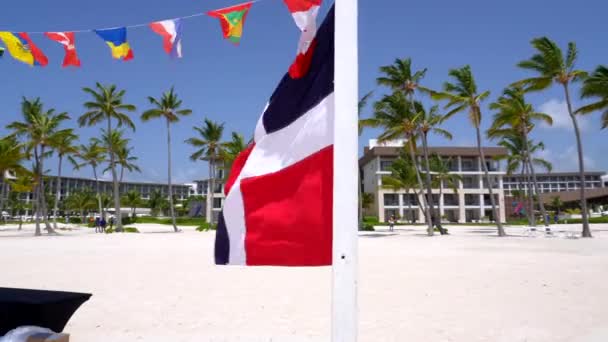Dominican Flag Flies Alongside Olympic Other Nation Flags Resort Beach — Stock video