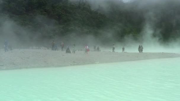 People Beach Volcano Crater Surrounded Sulfur Lake Kawah Putih Aerial — Stock videók