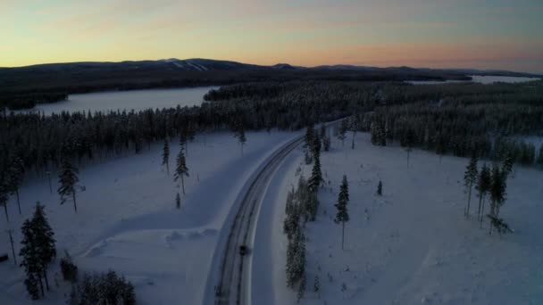 Aerial View Car Driving Journey Lapland Wintertime Trail Pine Winter — Stock video