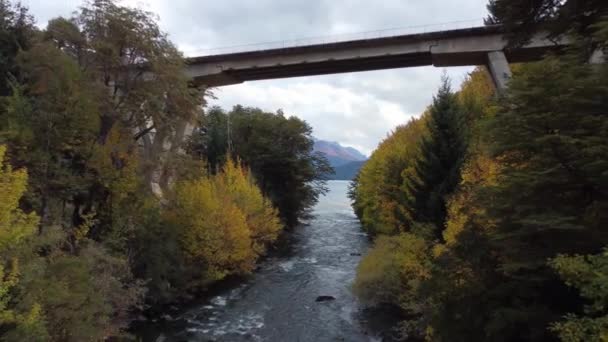Beautiful Traveling Backward Drone Shot Bridge Patagonian Landscape Argentina — Stockvideo