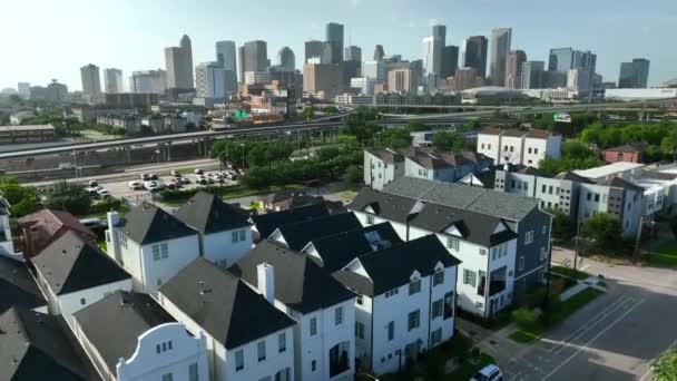 Horizonte Houston Texas Ascensão Aérea Casas Residenciais Para Arranha Céus — Vídeo de Stock