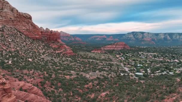 Aerial Wide Landscape Sedona Desert Town Central Arizona Drone Shot — Stock video