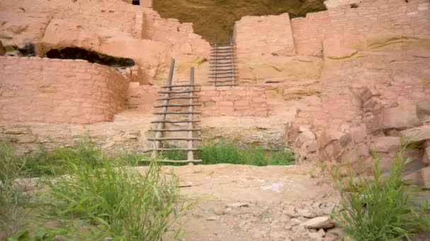 Ladders Leading Tourists Long House Cliff Dwelling Mesa Verde National — Wideo stockowe