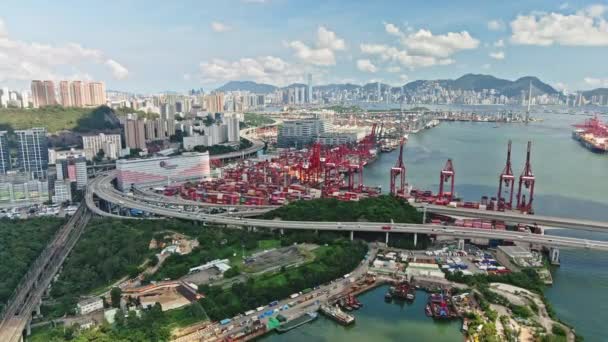 Cargo Terminal Victoria Harbor Tsuen Wan Hong Kong Panoramic Aerial — Stock video