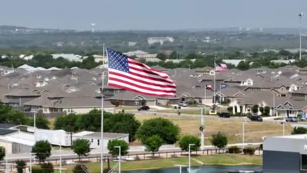 Establishing Aerial Shot Large American Flag Waving Patriotic Theme — Wideo stockowe