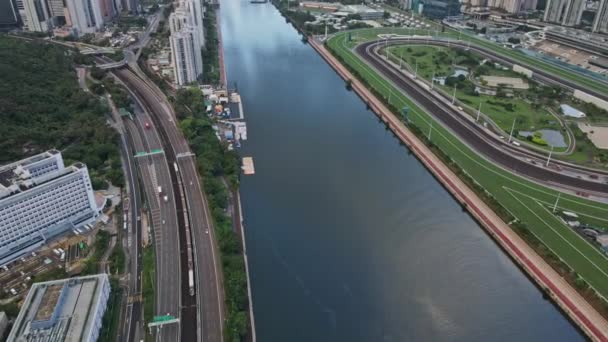 Drone View Developed Sha Tin Neighbourhood Next Shing Mun River — Stockvideo