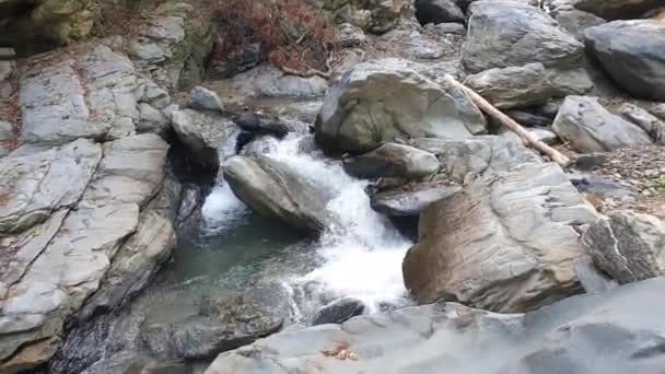 Каскадна Звивиста Річка Кришталево Чистою Водою Скелями Валунами Глибоко Ущелині — стокове відео
