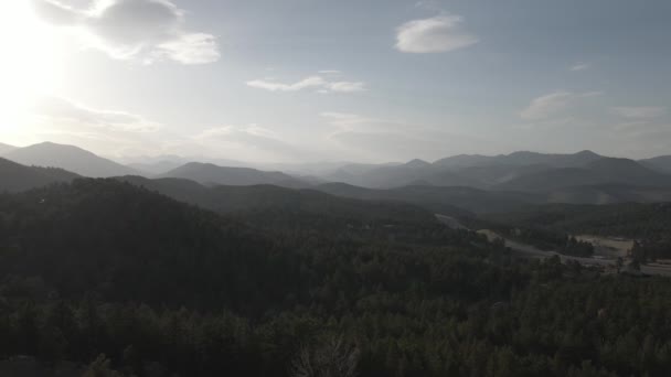 Arial Shot Moving Forward Sunset Evergreen Colorado Rocky Mountain Forest — Stok video