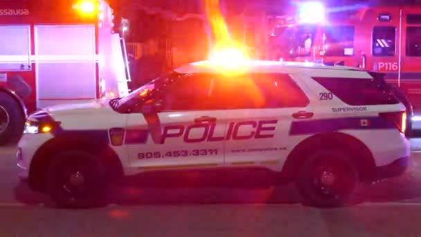 Police Car Lights Foreground Big Accident Intersection City — Stock video