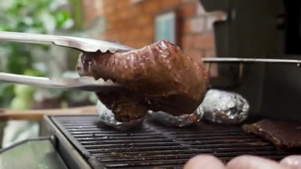 Steak Being Thrown Grill Flames Going Hits Side Dishes Including — стоковое видео