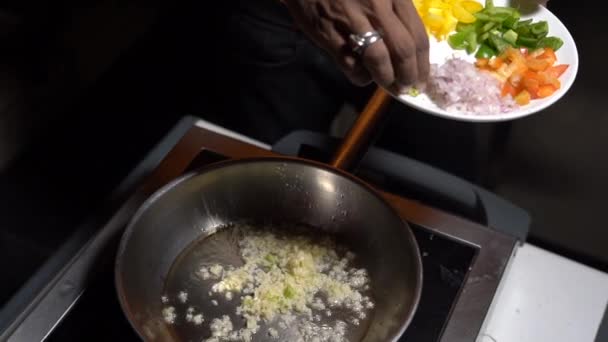 Putting Vegetables Bowl Making Pasta — Stock video