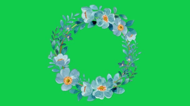 Watercolor Blue Floral Wreath Golden Circle Date Template — Vídeo de stock