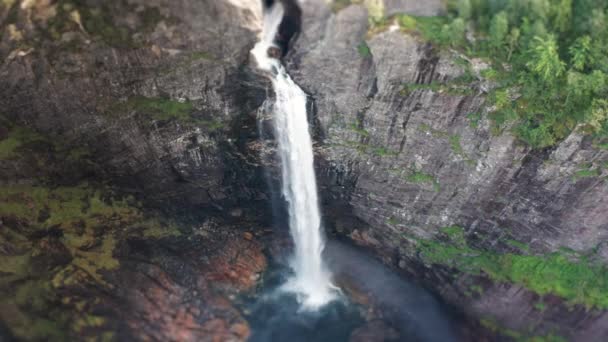 Aerial View Massive Waterfall Falling Deep Gorge Water Dust Rising — Stock video