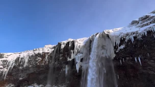 Spectacular Seljalandsfoss Waterfall Winter Iceland Low Angle Tilt View Cascade — Stock Video