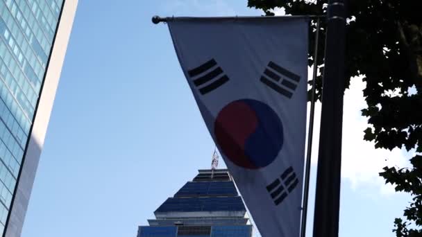 Primer Plano Bandera Corea Del Sur Ondeando Asta Bandera Centro — Vídeos de Stock