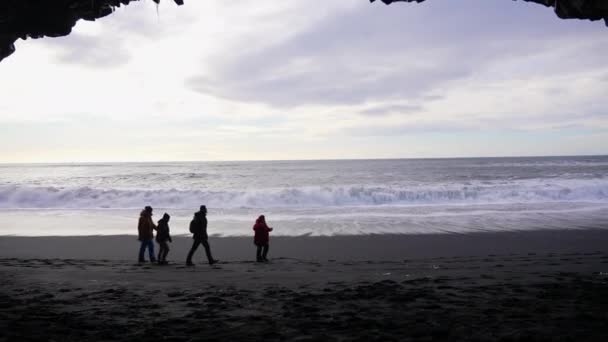 Silhouette People Walking Black Sand Beach Iceland Evening Wide Shot — Video