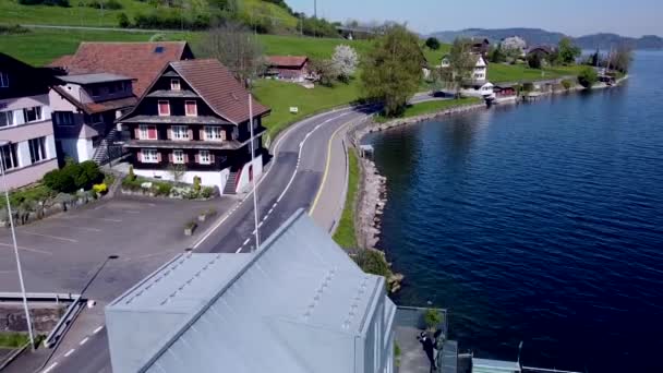 Road Swiss Lake Drone View — Stockvideo