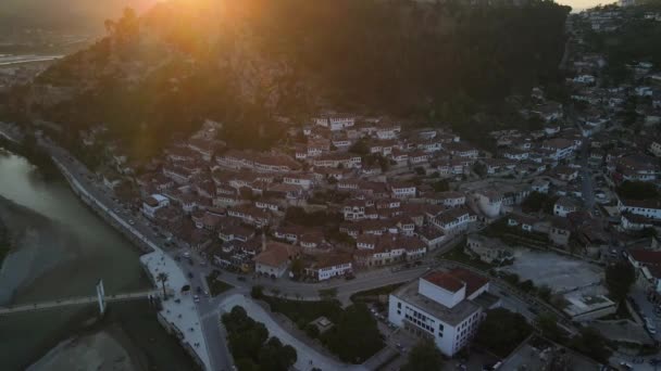 Sunset View Berat City Albania Houses Cascade Valley Osum River — 图库视频影像