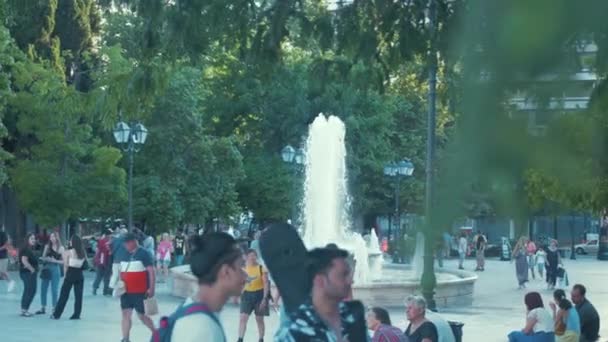 Water Fountain Syntagma Square Rack Focus Tree Branch Slow Motion — Video