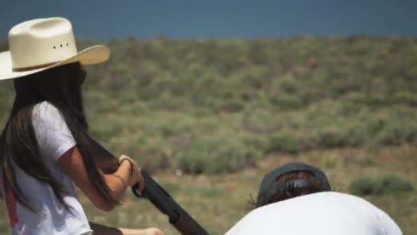 Pretty Girl Aims Shoots Pump Action Shotgun Big Kick Skeet — Video
