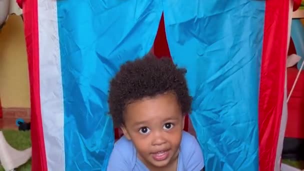 Adoable Two Year Old Afro European Child Playing His Toy — Stockvideo