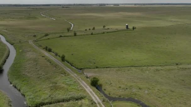 Norfolk Broads Flat Landscape Aerial Windmill Waterway Cuttings — Stock video
