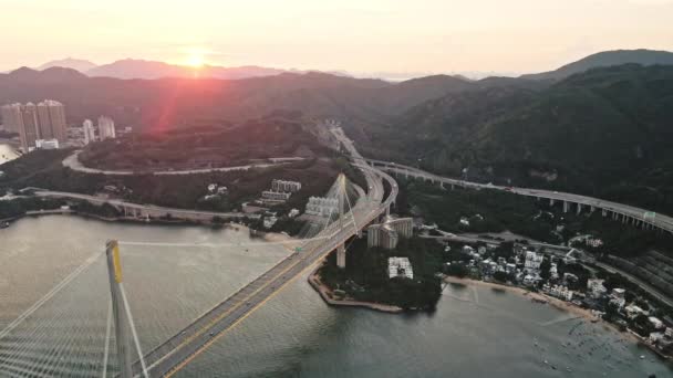 Sunset Aerial Ting Kau Bridge Amazing Hong Kong Infrastructure — Vídeos de Stock