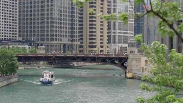 Chicago River Riverwalk Touristic Boat View Dusable Bridge Summer Season — Stockvideo