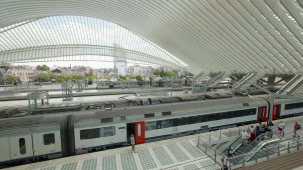 Passengers Leaving Escalator Train Arrival Railway Station Lige Guillemins Belgium — ストック動画