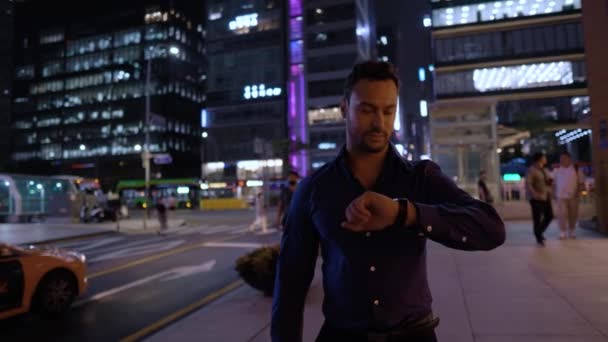 Stylish Happy Man Watching Time Businessman Looking His Wristwatch While — 图库视频影像