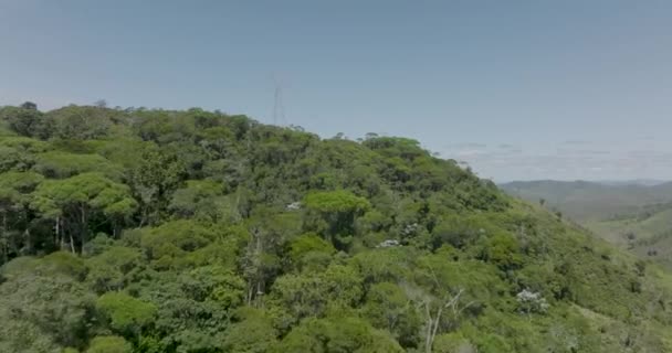 Aerial Flying Treetops High Voltage Towers Revealing Lush Valley — Vídeo de stock