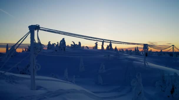 日出日落时分 精确的空中图像穿过冰雪覆盖的电缆 在冬眠的外星森林中飘荡 — 图库视频影像