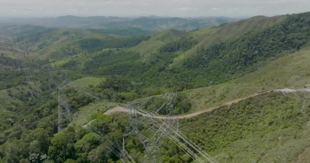 Aerial Flying Backwards Overhead Powerlines Countryside Brazil — Stock videók