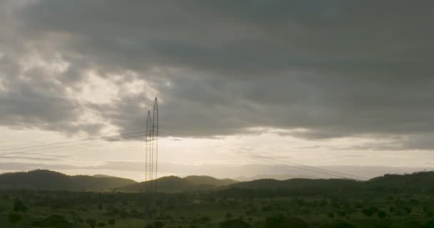 Rural Scene High Voltage Tower Power Pole Sunset Aerial — Stock Video