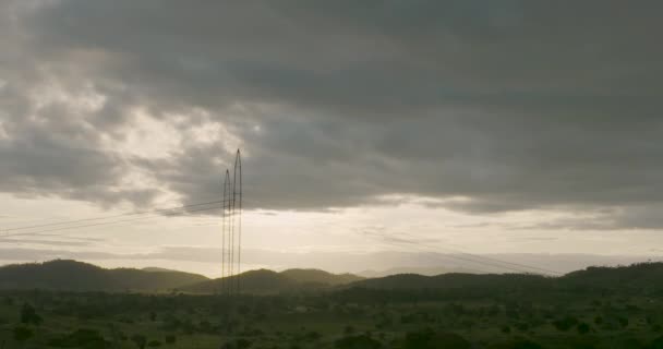 Rural Scene High Voltage Tower Power Pole Sunset Aerial — Vídeo de stock