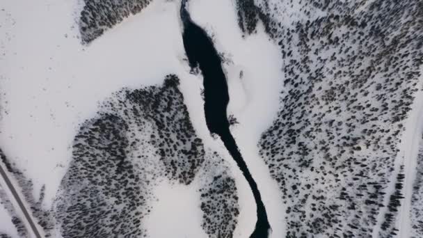 Aerial View Looking Moving Cold Winter Woodland Lake Norbotten Swedish — Stockvideo