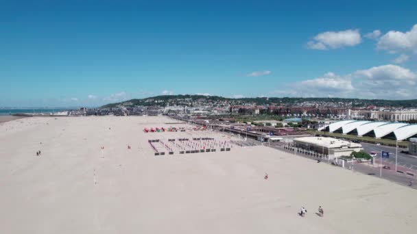 Aerial Sandy Beaches Deauville Town Coastline Showing Seaside Resorts France — стокове відео