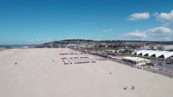 Aerial Sandy Beaches Deauville Town Coastline Showing Seaside Resorts France — стоковое видео