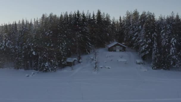Aerial Rising View Reveals Remote Wintertime Snow Covered Woodland Cabin — Stockvideo