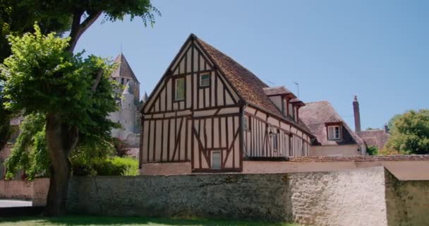 Половина Замурованого Історичного Будинку Провіні Франція Сонячний День Сковорода Дерево — стокове відео