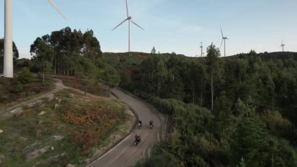 Drone Follow Two Moto Traveler Driving Windmill Road Mountain Landscape — Stock Video
