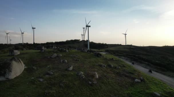 Drone Follow Two Moto Traveler Driving Windmill Road Mountain Landscape — Stock video