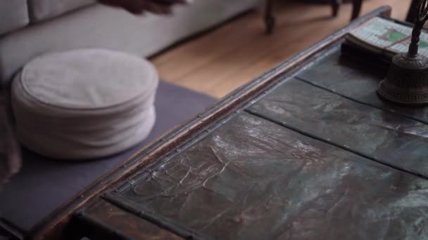 Arms Hands Young Woman Putting Tibetan Relaxation Meditation Bowl Table — Stockvideo