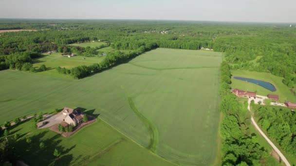 Aerial View Farm House Green Fields Slopes Rural Countryside — Stock Video