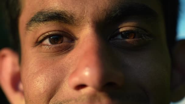 Extreme Close Face Young Srilankan Man Smiling His Eyes Looking — Vídeos de Stock