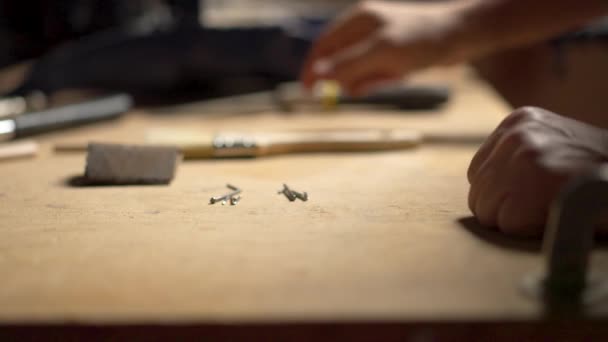 Caucasian Man Placing Tools Wooden Table Preparing Work Wood Using — Stock videók